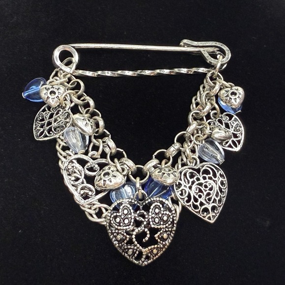 Brooch Jewelry - VTG Heart Charm Cluster Lapel Pin Brooch Silver and Blue Beads Statement Jewelry